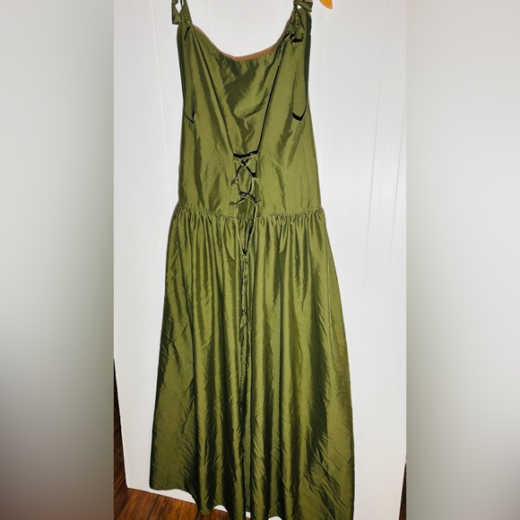 Olive Green Lace-Up Midi/wrap Dress | Boho Cottagecore Tie Strap Dress - Picture 2 of 3